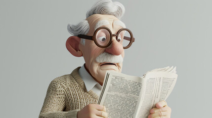 A charming and wise cartoon elderly man, wearing a cream cardigan, is engrossed in his newspaper in this delightful 3D headshot illustration. Perfect for portraying nostalgia, wisdom, and a - obrazy, fototapety, plakaty