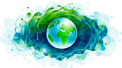 An illustration of the Earth encased in a swirl of blue and green watercolor strokes symbolizing natural energy and life. Earth Day. The issue of global warming. Sustainable development