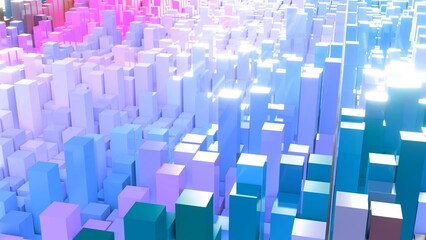 Geometrie - hellblaue pinke Quader - Skyline - Architektur, Perspektive, Flächen, Formen, Winkel, Körper, Symmetrie, Rendering