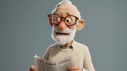 A charming 3D headshot illustration of an elderly man with a delightful smile, wearing a cream cardigan while engrossed in reading a newspaper. This endearing cartoon image captures the wisd - obrazy, fototapety, plakaty