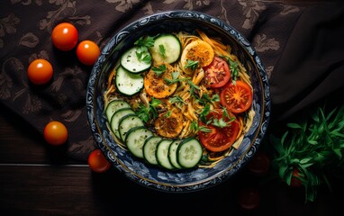 A bowl filled with pasta, cucumbers, and tomatoes, creating a colorful and refreshing meal.