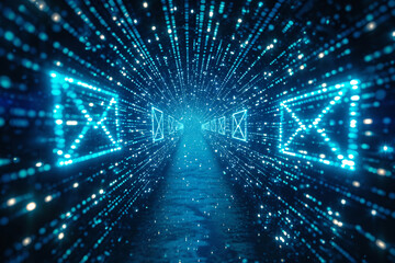 Email icons stretching into the distance in a blue digital corridor - obrazy, fototapety, plakaty