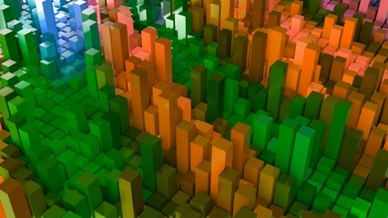 Geometrie - grüne orange Quader - Skyline - Architektur, Hochhäuser,  Perspektive, Flächen, Formen, Winkel, Kontrast, Körper, Symmetrie, Rendering