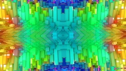 farbenfrohe symetrische Geometrie - farbige Quader, Fraktale, Perspektive, Flächen, Formen, Winkel, Körper, Symmetrie, Rendering
