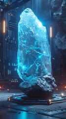 Futuristic Sci-Fi Featuring an Ice Cube Podium, Decorated with Holographic Displays and Illuminated by Neon Lights.