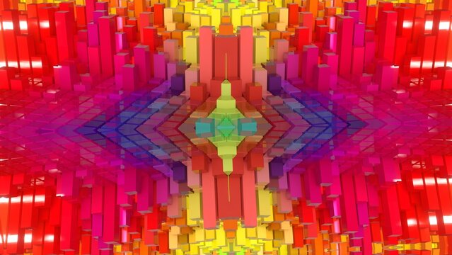 farbenfrohe symetrische Geometrie - farbige Quader, Fraktale, Perspektive, Flächen, Formen, Winkel, Körper, Symmetrie, Rendering
