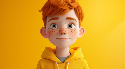 A lively and adorable cartoon boy with a sprinkle of freckles wears a vibrant yellow hoodie in this charming 3D headshot illustration. With a joyful expression and exaggerated features, he c - obrazy, fototapety, plakaty