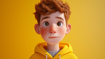 Cute and energetic cartoon boy with freckles, sporting a vibrant yellow hoodie, captured in a charming 3D headshot illustration. Perfect for adding a dose of youthful zest to your projects. - obrazy, fototapety, plakaty
