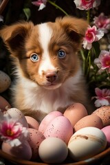 cute puppy with blue eyes in easter eggs. ai generated