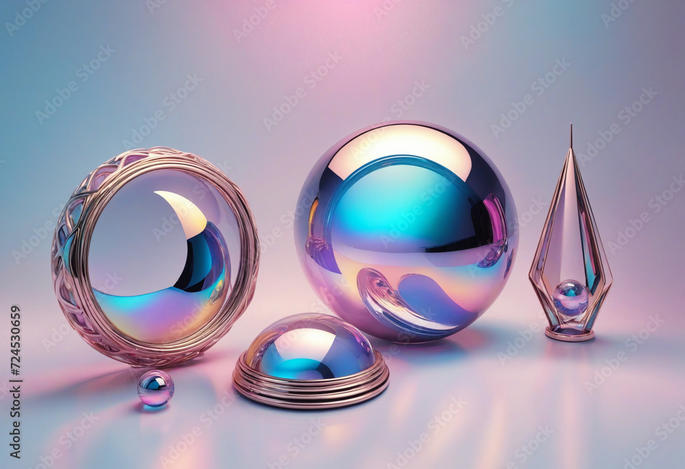 Poster set of abstract iridescent design elements, 3d render