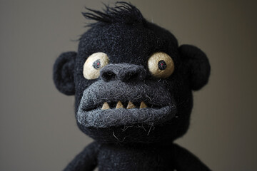 Black furry toy with bulging eyes and sharp teeth - obrazy, fototapety, plakaty