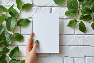 Woman's hands holding blank wedding invitation card. Creative mock up layout on white background, top view, flat lay, overhead. 