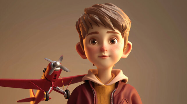 A charming cartoon boy in a burgundy jacket smiles brightly as he holds up his toy plane in this playful 3D headshot illustration. Perfect for children's book covers, advertisements, and edu
