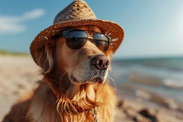 chihuahua dog at the ocean shore beach wearing red funny sunglasses smiling at camera - obrazy, fototapety, plakaty