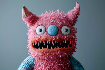 Pink furry creature with big eyes and mouth on a blue sweater - obrazy, fototapety, plakaty