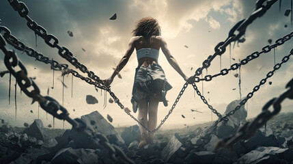 Freedom concept. Woman broken chains - obrazy, fototapety, plakaty