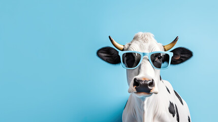 Funny cow with sunglasses in front of blue studio background