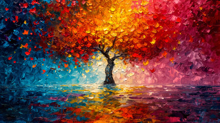  Painting of a tree with colorful flowers in the autumn season. Oil color painting.