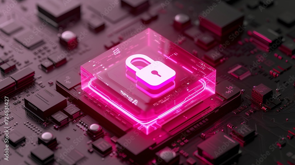 Poster interactive holographic lock icon on cpu with shining security elements for data protection