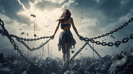 Freedom concept. Woman broken chains