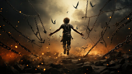 Freedom concept. Young boy broken chains