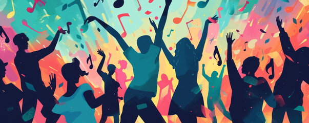 A crowd with raised arms reaching towards ethereal musical notes in a music festival setting, highlighting the convergence of collective joy and share