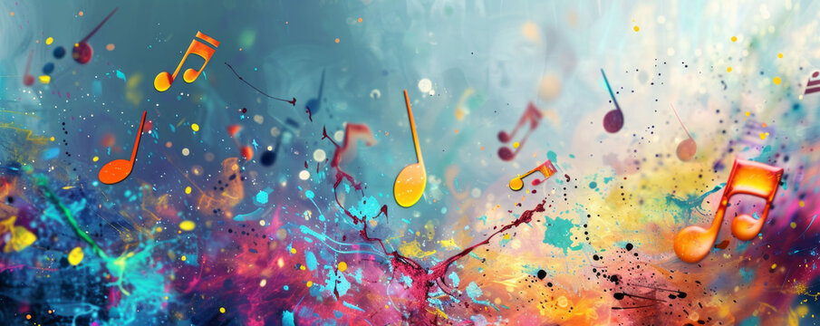 An image featuring vibrant music notes in various sizes overlaying colorful splashes of paint in a dynamic composition, with a blurred background addi