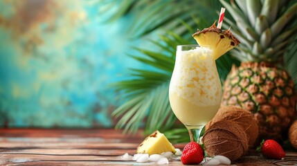 Tropical pina colada cocktail with blurred beach background and copy space for text - obrazy, fototapety, plakaty