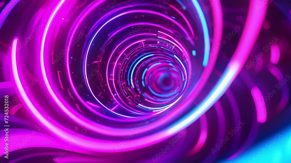 Poster a neon spiral of circles and squares moving in a continuous and entrancing motion.