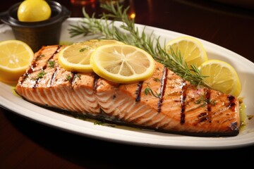 Salmon fillet, lemon, rosemary leaves, olive oil, colorful and delicious.