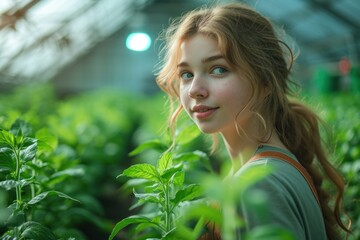 A young woman cares for plants in a greenhouse, embodying healthy, organic farming and fostering growth.