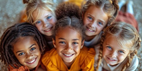 Obraz premium A cheerful and diverse group of schoolchildren smiling and looking upwards in a schoolyard.
