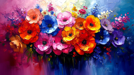 Colorful painting of flowers. Abstract art background. Colorful flowers.