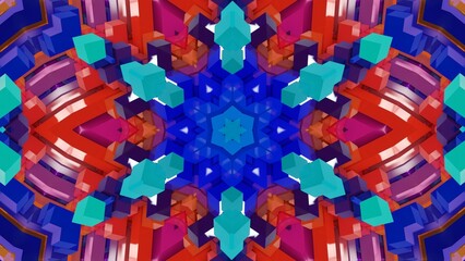 farbenfrohe symetrische Geometrie - farbige Quader, Fraktale, Perspektive, Flächen, Formen, Winkel, Körper, Symmetrie, blau, rot, lila, Rendering