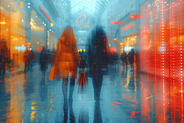 Blurred motion of woman shopping in a festive lighted mall