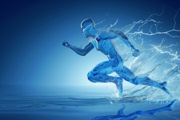 Human body shape of a running man filled with blue water on blue gradient background - sport or fitness hydration, 