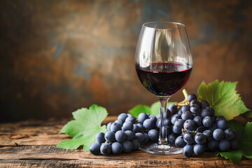 Wine glass with grapes on wood