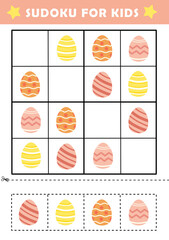 Sudoku logical reasoning activity for kids. Fun sudoku puzzle with cute easter eggs illustration. Children educational activity worksheet. Sudoku game for children.