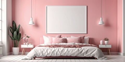 Pink bedroom interior space with mock up poster on wall background. Interior of a bedroom.  Girly Interior design. 3d render