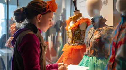 A young talent in the fashion world, this 12-year-old aspiring fashion designer is passionately sketching her imaginative designs on paper, surrounded by a collection of vibrant mannequins.