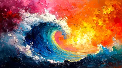 Tuinposter Mix van kleuren Colorful sky and ocean wave abstract background. Oil painting style.
