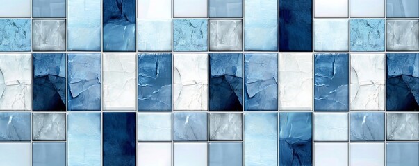 Blue white colored abstract grunge geometric rectangular square mosaic tile mirror wall texture background banner, seamless pattern, Generative AI