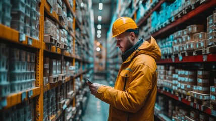 Retail Warehouse full of Shelves with Goods in Cardboard Boxes, Male Worker Scans and Sorts Packages for Delivery. 