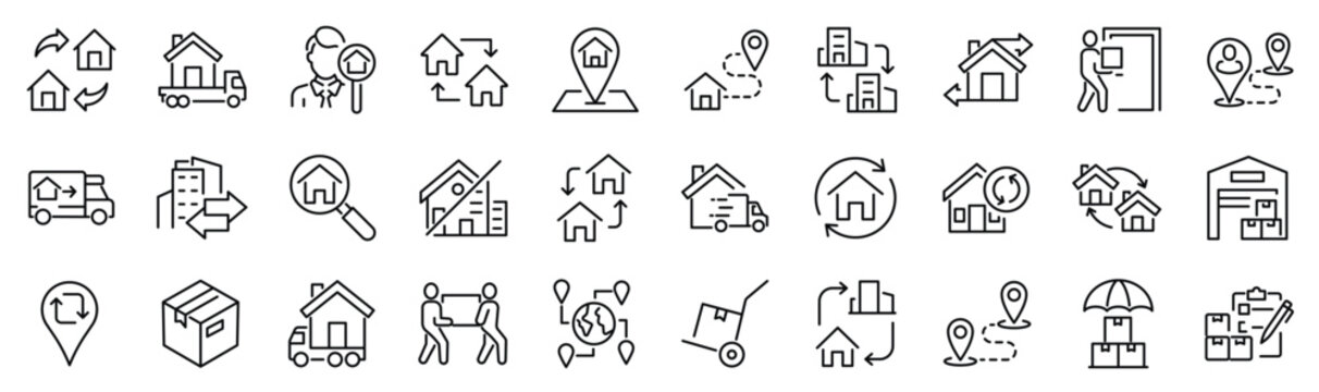 Set of 30 outline icons related to relocation. Linear icon collection. Editable stroke. Vector illustration