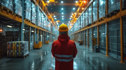 Worker in hard hat and red uniform in warehouse - back view

