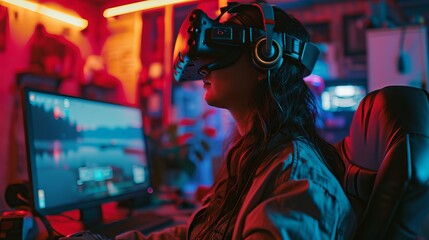 Obraz premium Gamer in Action: A Person Wearing Headphones Engaged in Intense Gaming Session Amidst Neon Lights