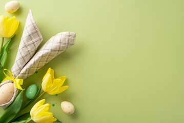 Bunny-inspired Easter charm. Overhead photo of a table adorned with an egg in bunny-ear napkin,...