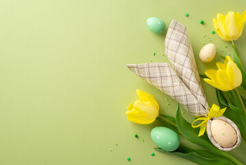Whimsical Easter setting. Top view of a table arrangement featuring an egg in bunny-ear napkin, beautiful yellow tulips, and sugar sprinkles on a pastel green background. Adaptable for text or adverts