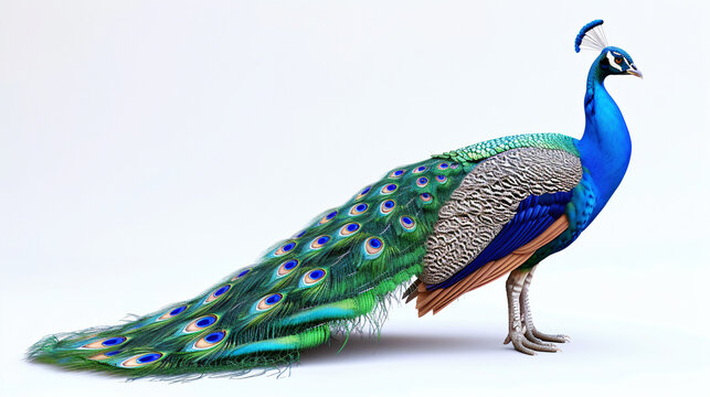 A mesmerizing, lifelike 3D rendering of a graceful peacock, exquisitely displaying its radiant plumage. This stunning artwork captures the intricate details of each feather, evoking a sense