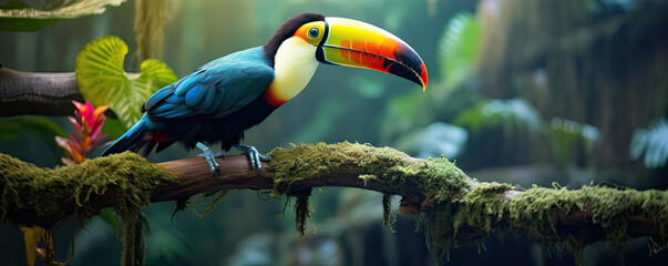Toco toucan colorful bird (Ramphastos toco). Beautiful toucan bird in natural habitat. wide banner.